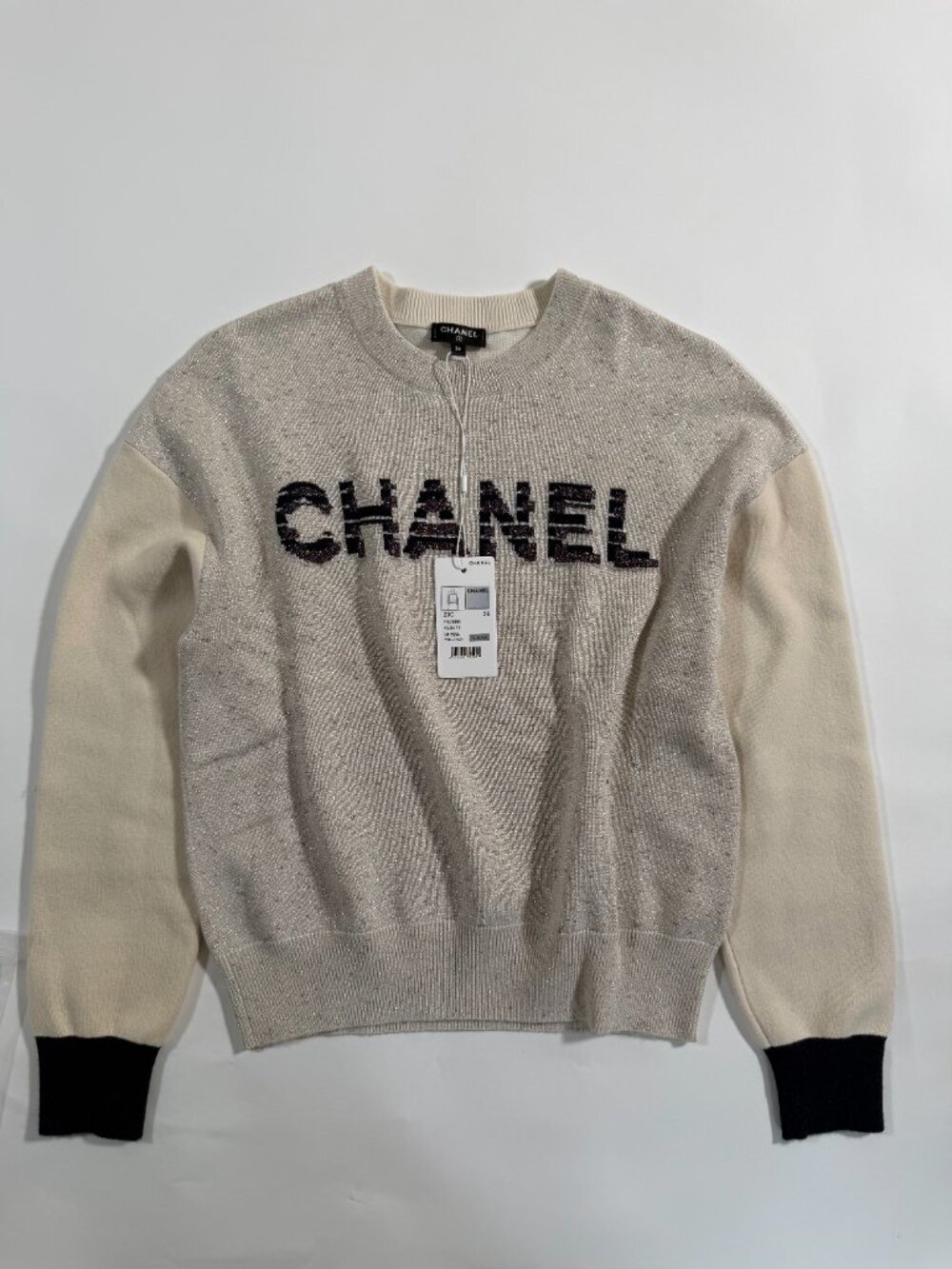 NWT CHANEL 20C Logo Sequin Cashmere Blend Pullover Sweater Size 36